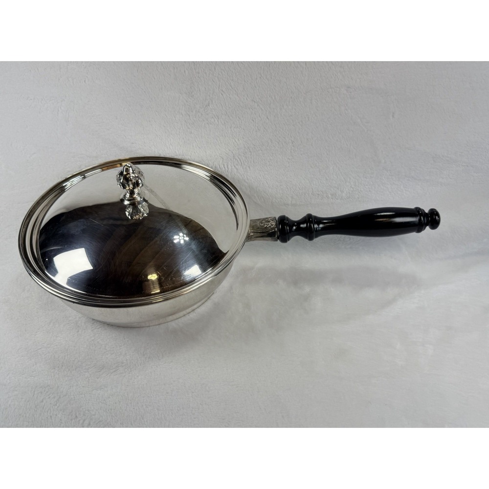 Vintage Silver Plate Chafing Pan Lidded‎ Buffet Serving Dish Black Wood Handle